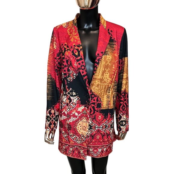 Chico's Paisley Patchwork Longline Blazer Jacket Red Black Gold Size 1 - Picture 2 of 11